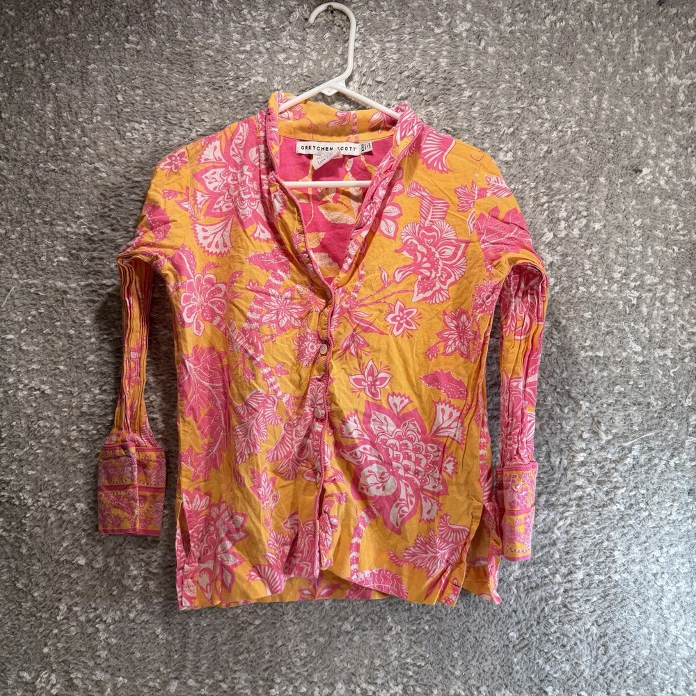 Gretchen Scott Floral Hawaiian Button Front Shirt Blouse XXS Cotton Beach Resort